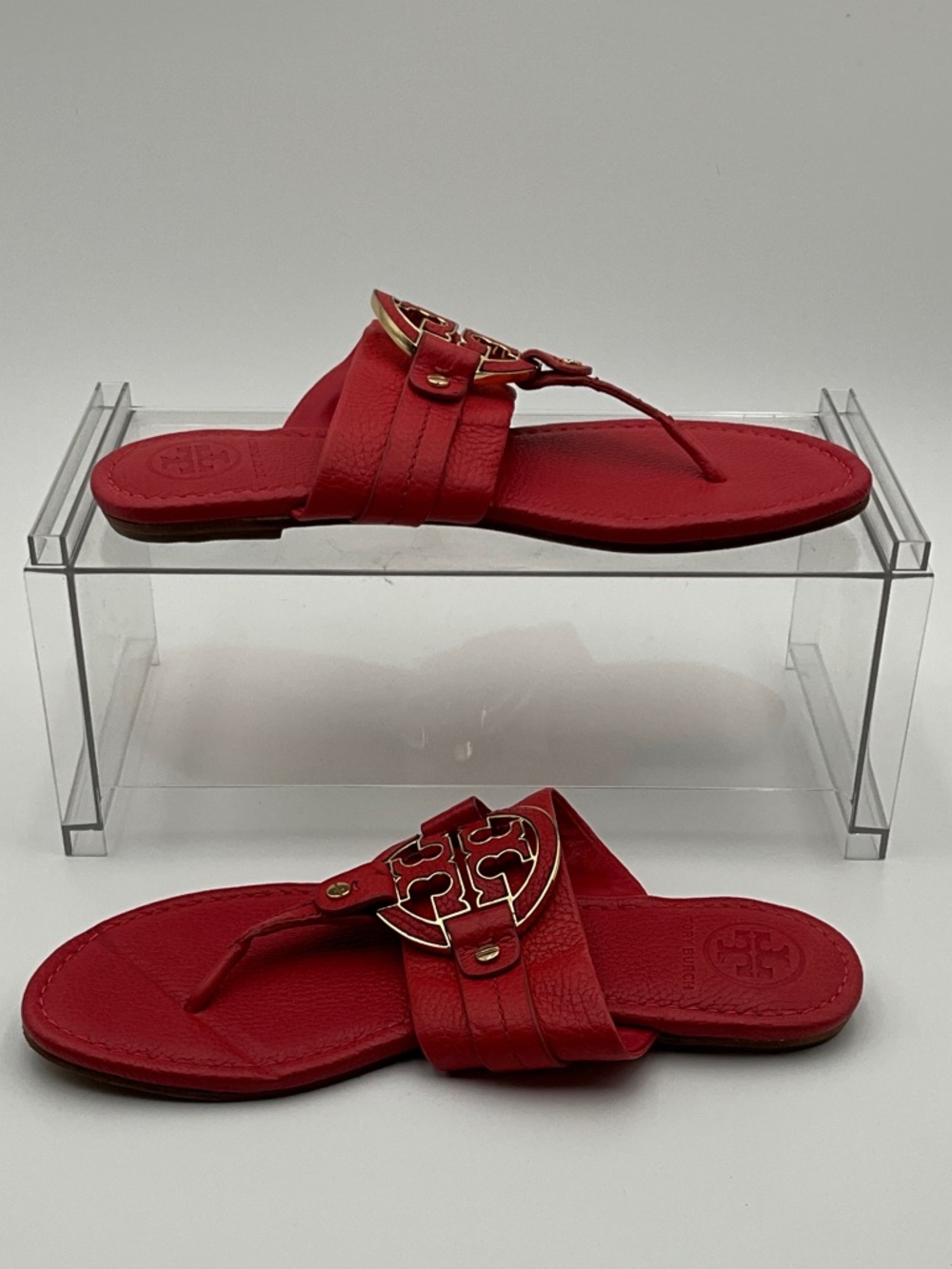 Tory Burch orange Red Leather Miller Sandals with Gold Medallion 8 1/2 W - Picture 9 of 9
